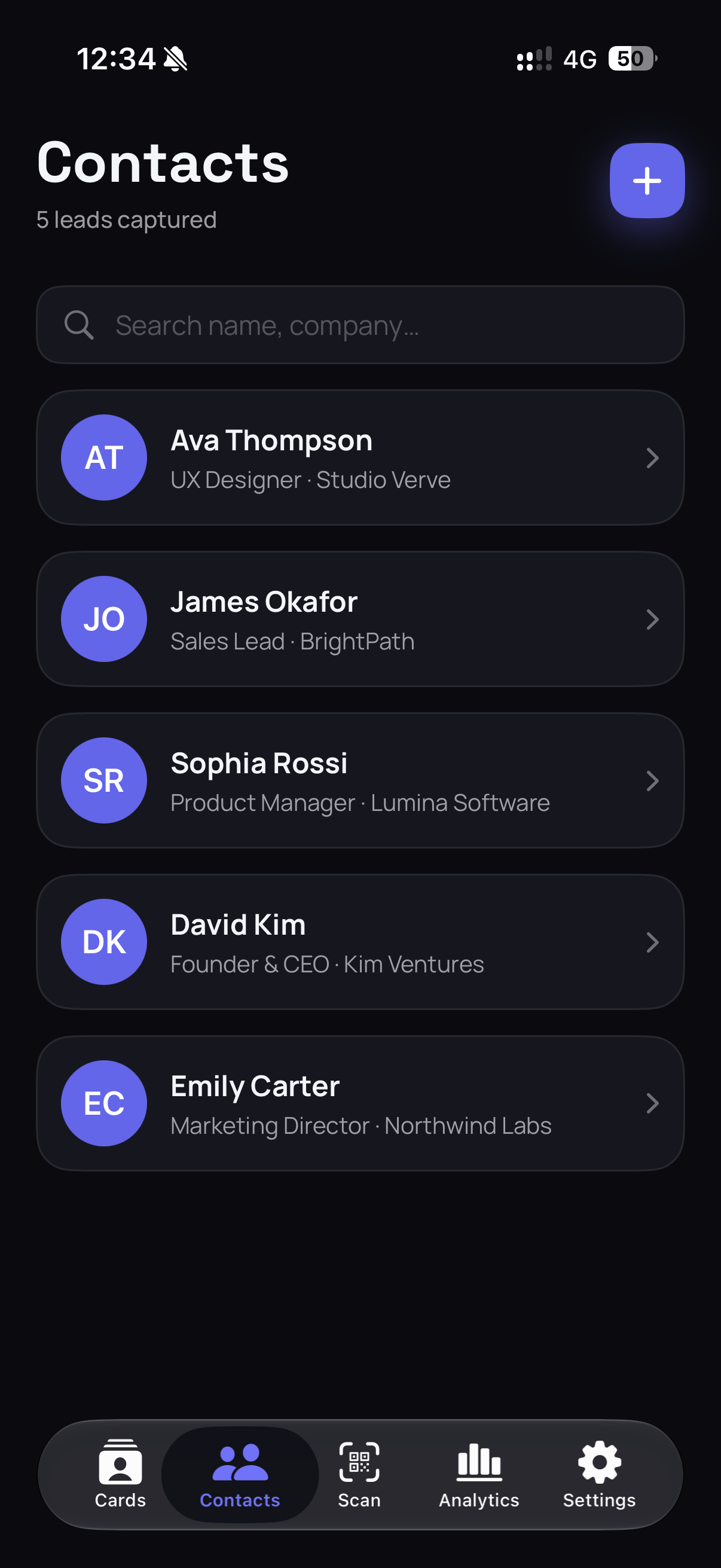Captured contacts organized in the app