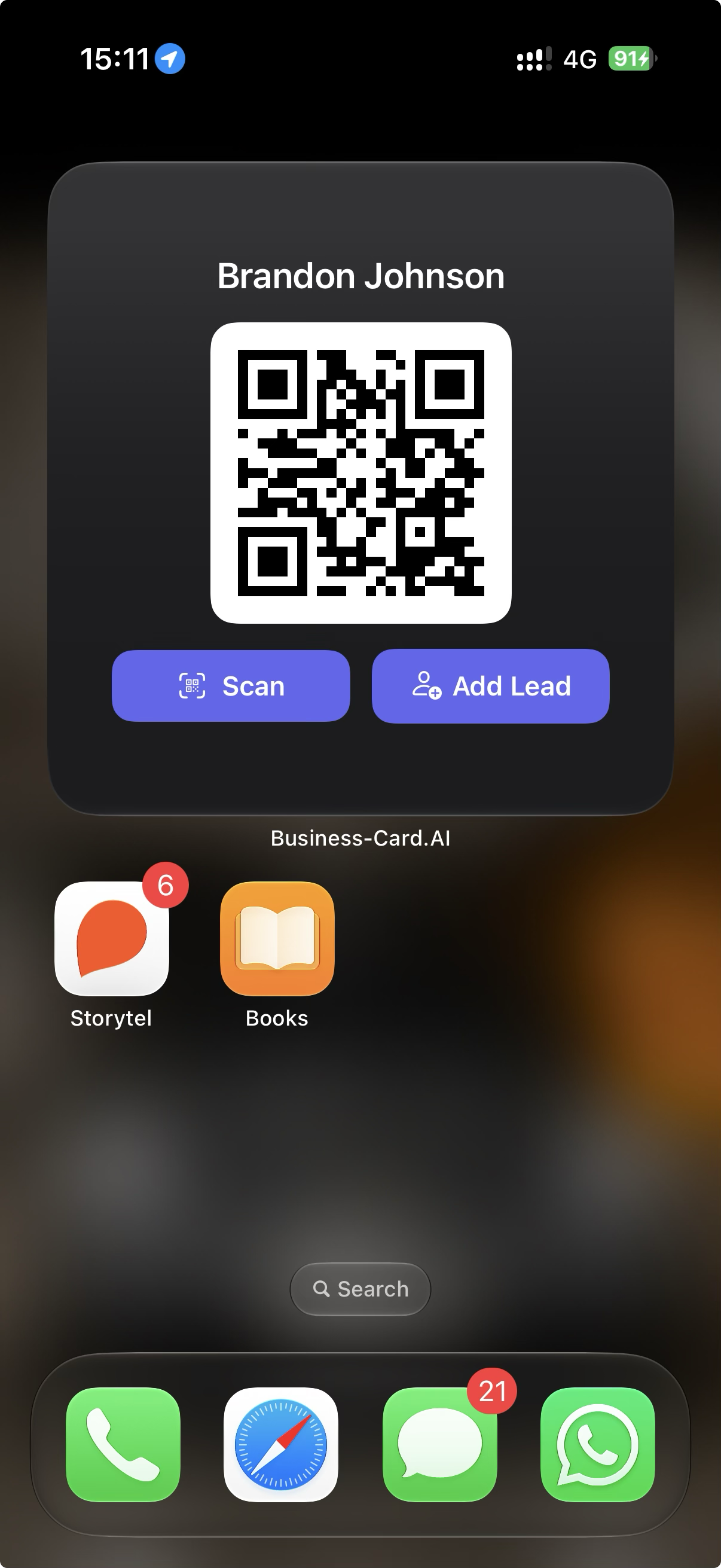 The home-screen widget with a QR code and quick Scan and Add Lead buttons