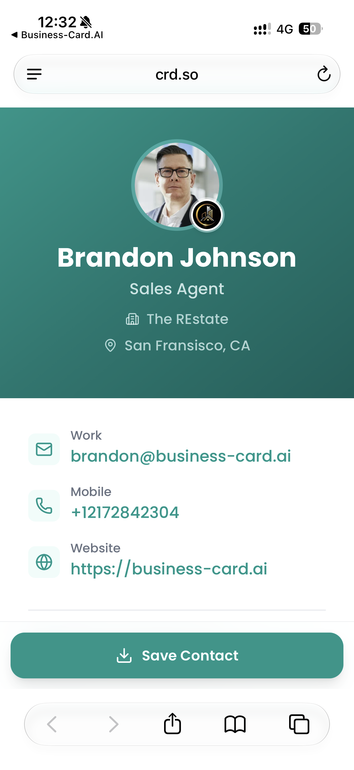 A business-card.ai digital business card open on an iPhone
