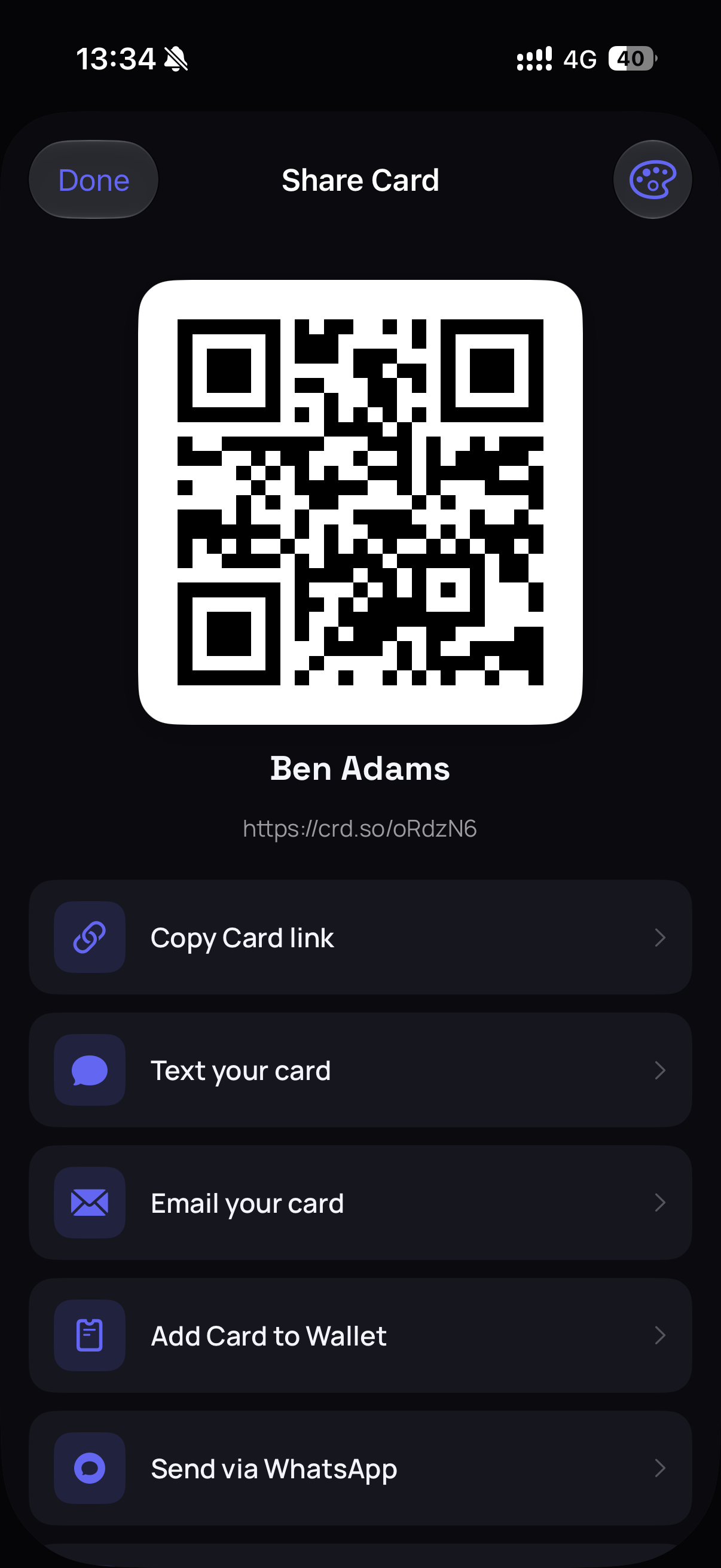 Sharing a card via QR, link, text, email or WhatsApp