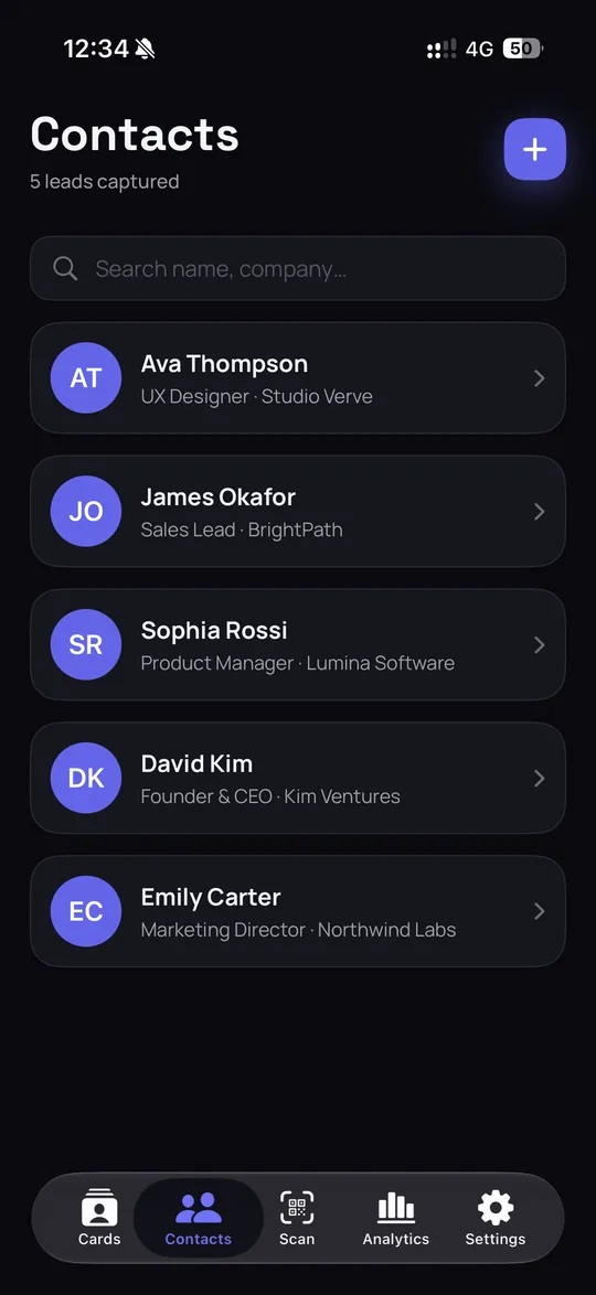 Captured contacts organized in the app