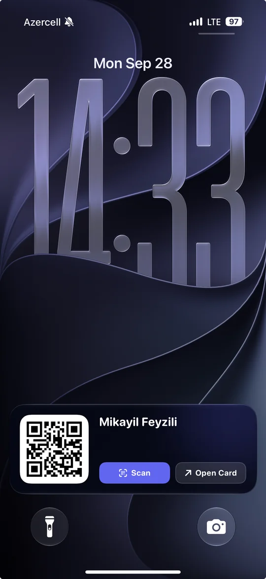 iPhone lock screen showing a Business Card AI Live Activity with a QR code and Scan and Open Card buttons.