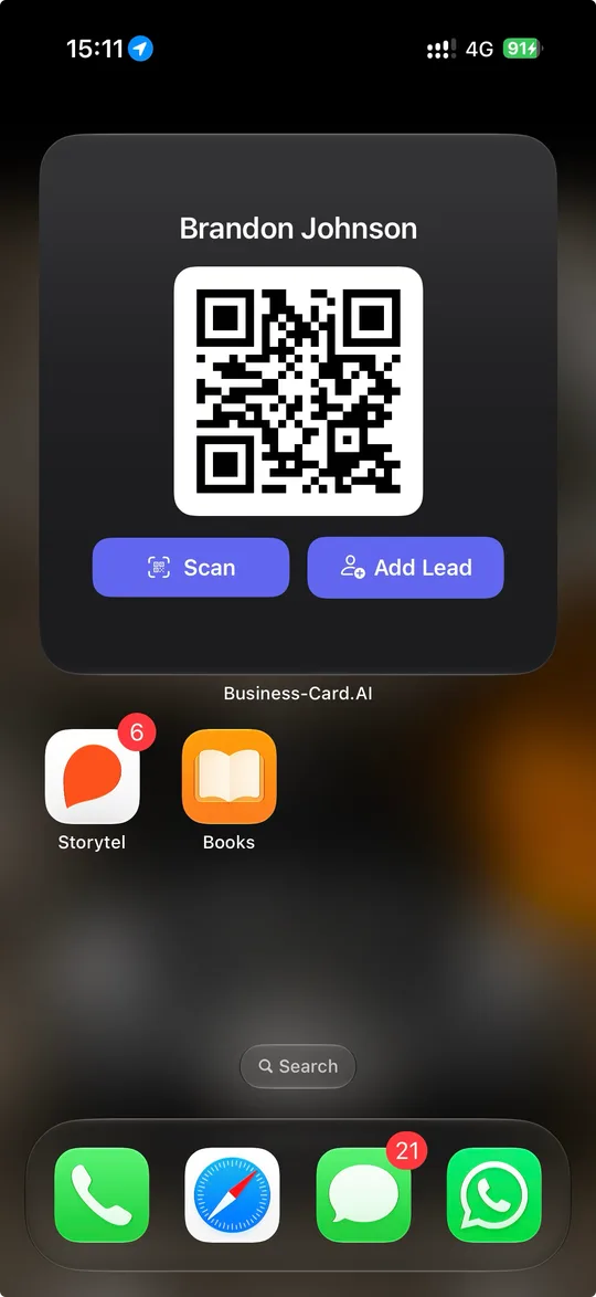 The home-screen widget with a QR code and quick Scan and Add Lead buttons