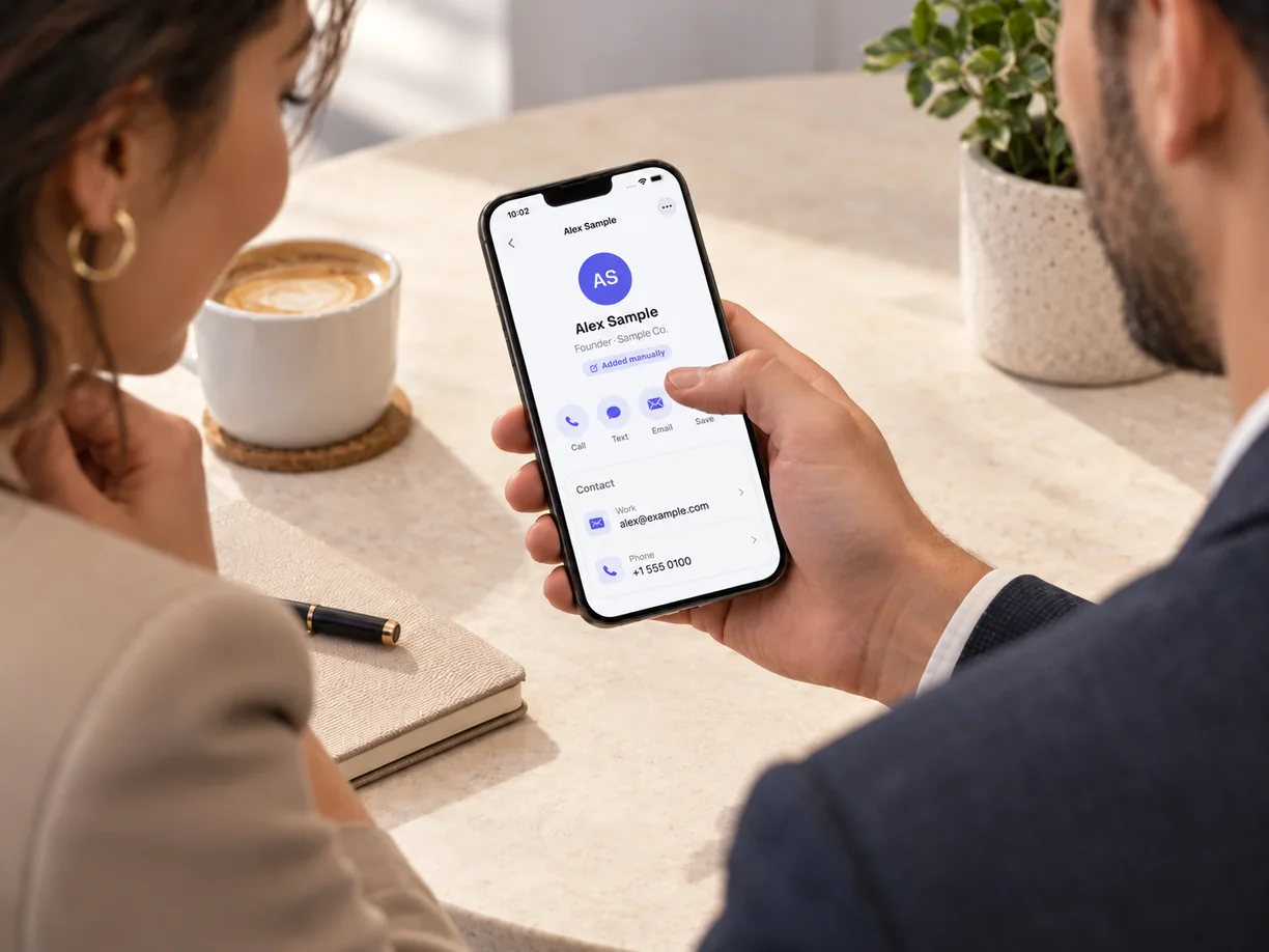 Les détails du contact enregistré sont clairement affichés dans l’application Business Card AI.