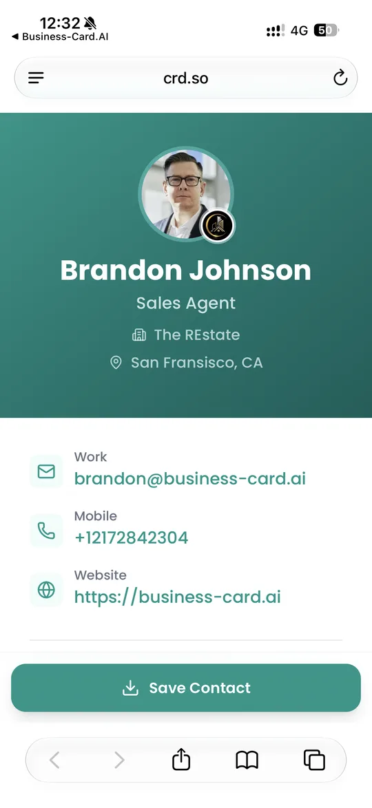 A business-card.ai digital business card open on an iPhone
