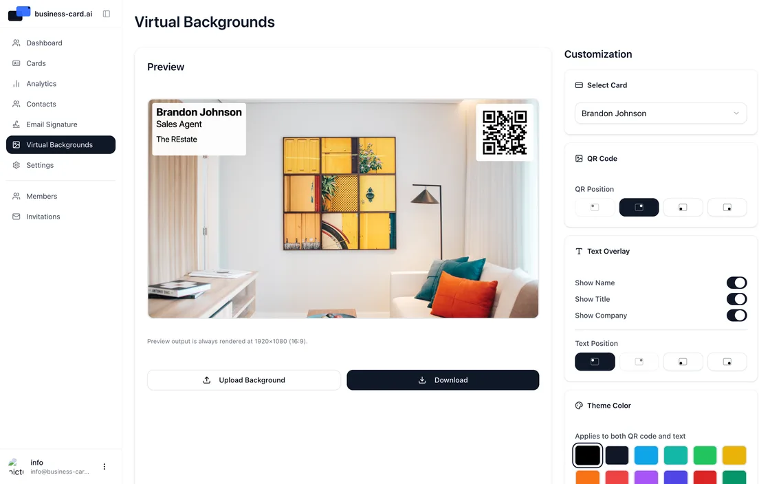 Designing a branded virtual meeting background in business-card.ai